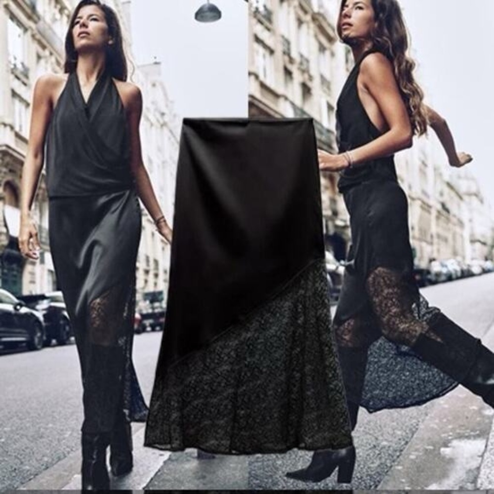 Zara Black Midi Skirt with Lace Detail